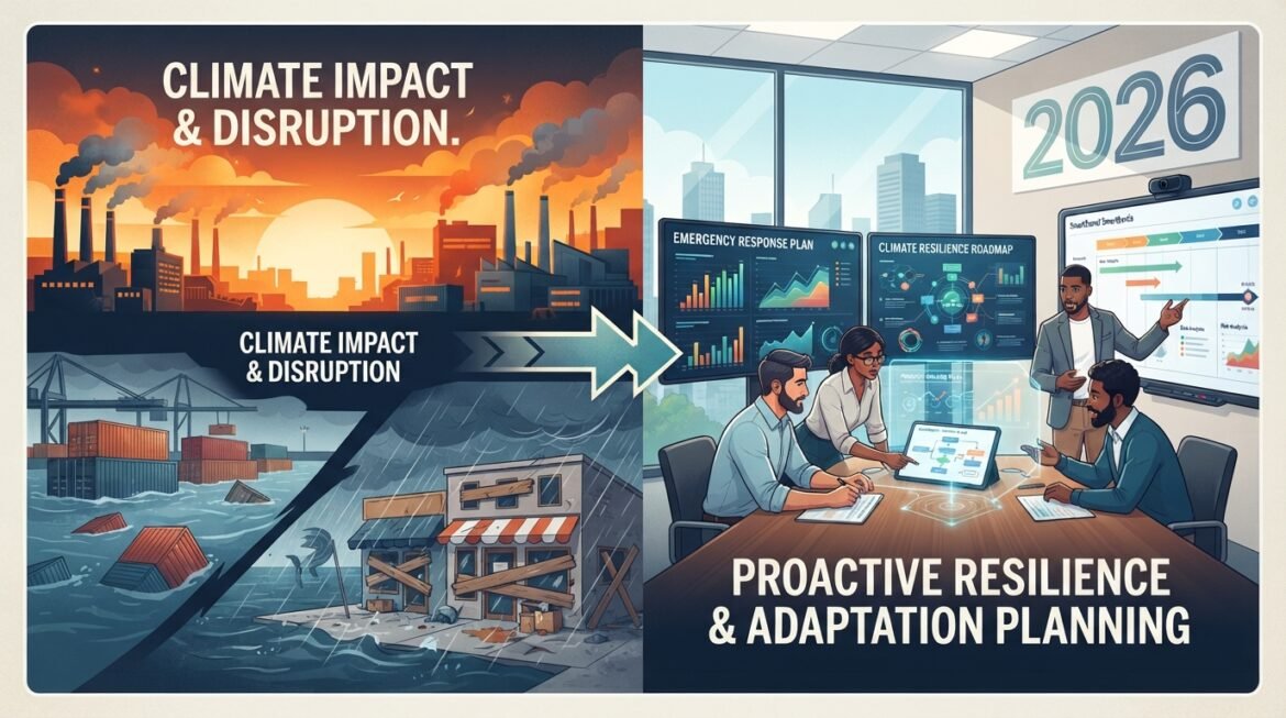 Climate change impact on global business in 2026 showing flooded storefronts, supply chain disruption, and business leaders developing continuity recovery strategies