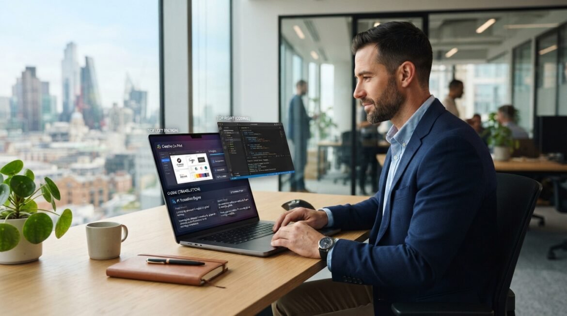 A man in a blue suit works on a laptop at a desk with a city view. The laptop screen shows a website design and code editor side-by-side, with labels indicating